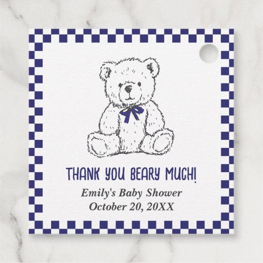 Navy Blue Geruite Teddybeer-Onze kleine welp Bedankjes Labels (Achterkant)