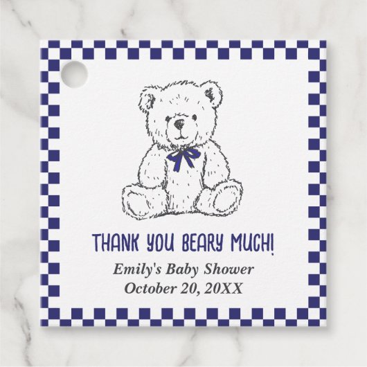 Navy Blue Geruite Teddybeer-Onze kleine welp Bedankjes Labels (Voorkant)
