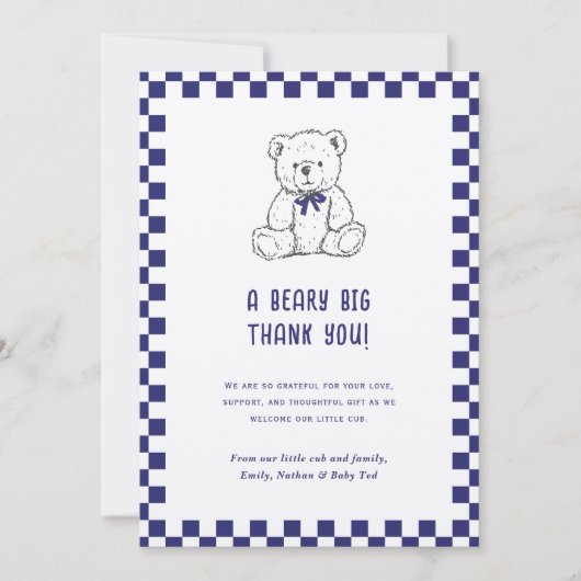 Navy Blue Geruite Teddybeer-Onze kleine welp Bedankkaart (Voorkant)