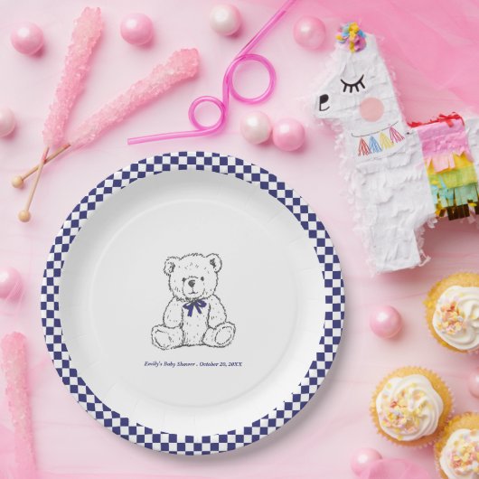 Navy Blue Geruite Teddybeer-Onze kleine welp Papieren Bordje (Feest)