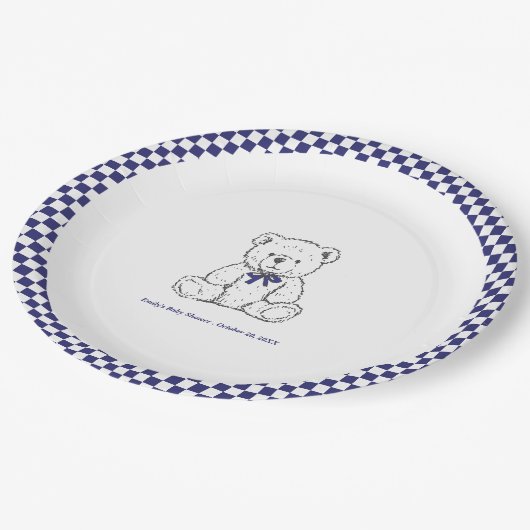 Navy Blue Geruite Teddybeer-Onze kleine welp Papieren Bordje (Gekanteld)