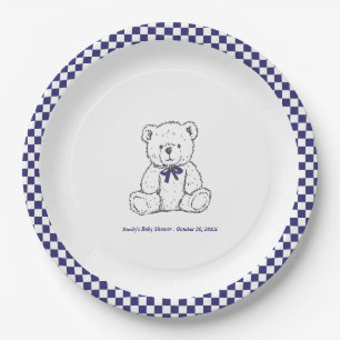 Navy Blue Geruite Teddybeer-Onze kleine welp Papieren Bordje