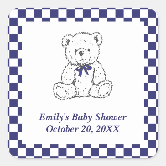 Navy Blue Geruite Teddybeer-Onze kleine welp Vierkante Sticker (Voorkant)