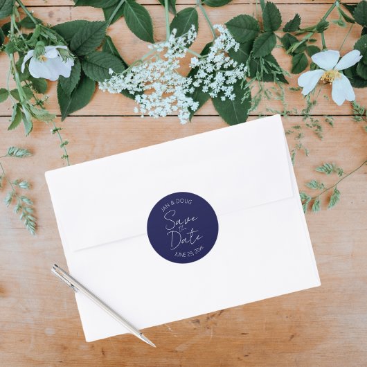 Navy Blue gestileerde bruiloft Save the Date Ronde Sticker