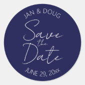 Navy Blue gestileerde bruiloft Save the Date Ronde Sticker (Voorkant)