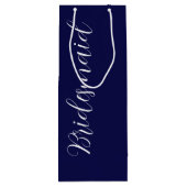 Navy Blue gestileerde script bruiloft bruidsmeisje Wijn Cadeautas (Achterkant)