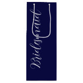 Navy Blue gestileerde script bruiloft bruidsmeisje Wijn Cadeautas (Voorkant)