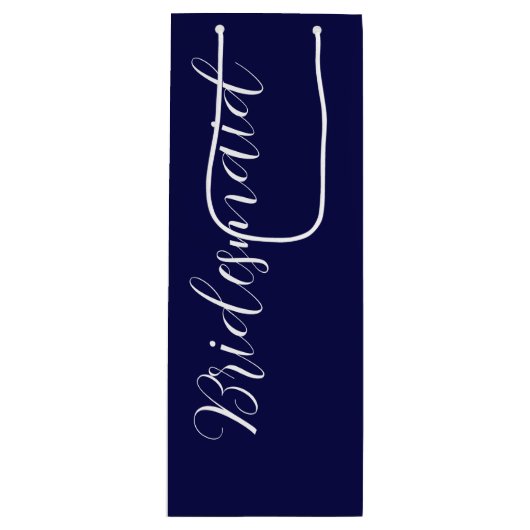 Navy Blue gestileerde script bruiloft bruidsmeisje Wijn Cadeautas (Voorkant)