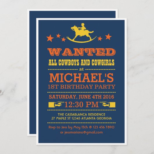 Navy Blue Gezochte Westerne uitnodiging voor cowbo (Voorkant / Achterkant)