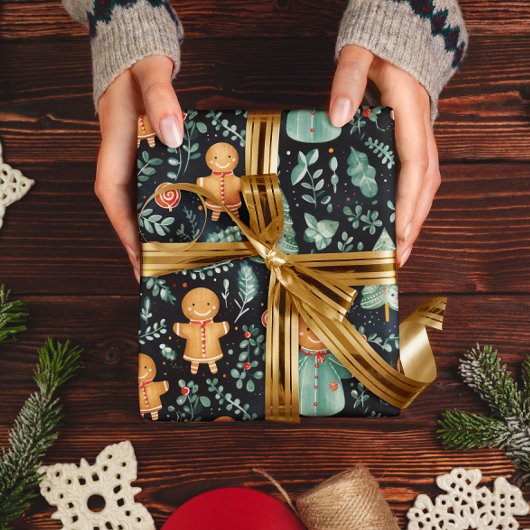 Navy Blue Gingerbread Heren & Kerstgroen Cadeaupapier