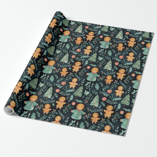 Navy Blue Gingerbread Heren & Kerstgroen Cadeaupapier (Uitgerold)
