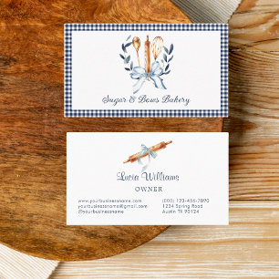 Navy Blue Gingham Coquette Bow Keuken Gereedschap Visitekaartje