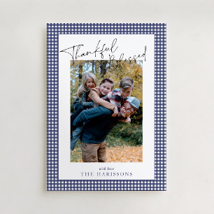 Navy Blue Gingham Dankbaar & Gezegende Thanksgivin Kaart
