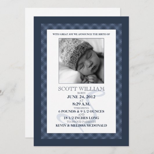 Navy Blue Gingham Dreams Foto geboorteaankondiging Aankondiging (Voorkant / Achterkant)