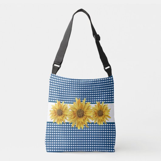Navy Blue Gingham met zonnebloemen Crossbody Tas (Voorkant)