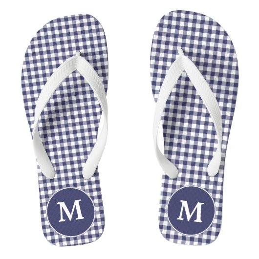Navy Blue Gingham Monogrammed Teenslippers (Voetbed)