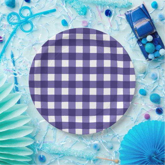 Navy blue gingham papieren bordje (Feest)