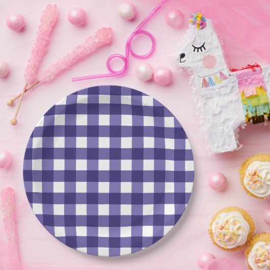 Navy blue gingham papieren bordje (Feest)