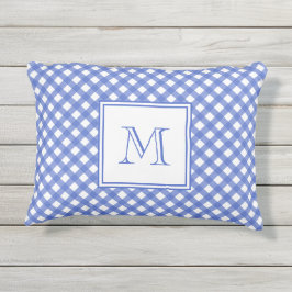 Navy Blue Gingham Pattern Monogram Outdoor Pillow Buitenkussen