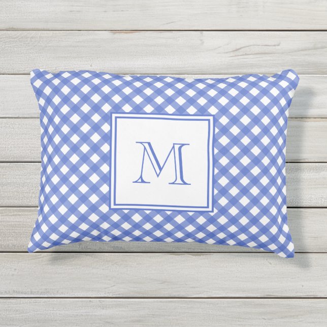 Navy Blue Gingham Pattern Monogram Outdoor Pillow Buitenkussen (Achterkant)
