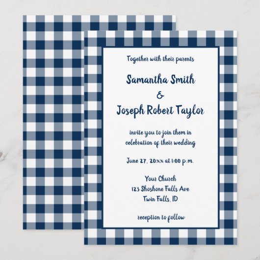 Navy Blue Gingham Pattern Wedding Kaart (Voorkant / Achterkant)