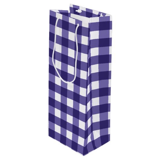 Navy blue gingham wijn cadeautas (Voorkant Gekanteld)