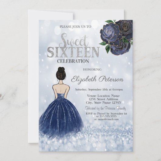 Navy Blue Girl Dress Glitter Bokeh Sweet 16 Kaart (Voorkant)