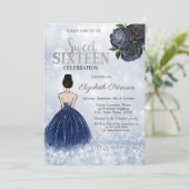 Navy Blue Girl Dress Glitter Bokeh Sweet 16 Kaart (Staand voorkant)