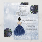 Navy Blue Girl Dress Glitter Bokeh Sweet 16 Kaart (Voorkant / Achterkant)