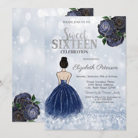 Navy Blue Girl Dress Glitter Bokeh Sweet 16 Kaart (Voorkant / Achterkant)