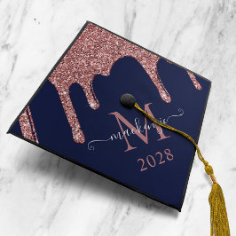Navy Blue Girly Roos Gold Glitter Driemonogram