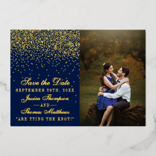 Navy Blue & Glam Gold Bruiloft Save The Date Real Folie Uitnodiging