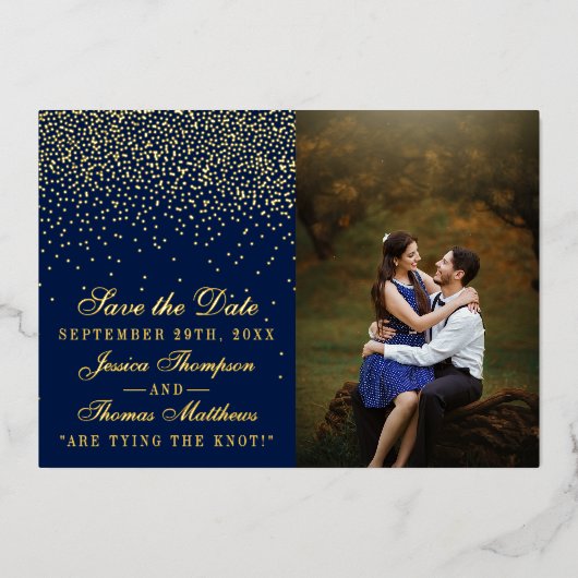 Navy Blue & Glam Gold Bruiloft Save The Date Real Folie Uitnodiging (Voorkant)