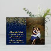 Navy Blue & Glam Gold Bruiloft Save The Date Real Folie Uitnodiging (Staand Voorkant)