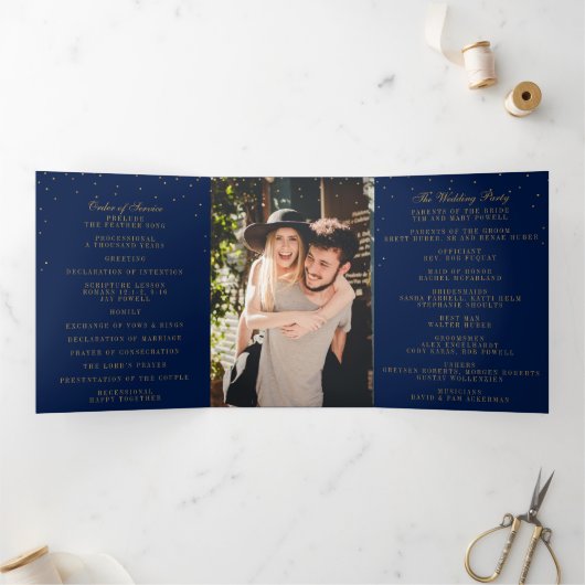 Navy Blue & Glam Gold Confetti bruiloft Collectie Drieluik Programma (Binnen)
