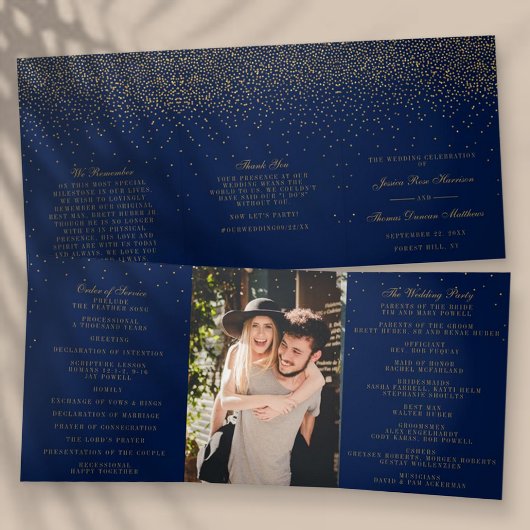Navy Blue & Glam Gold Confetti bruiloft Collectie Drieluik Programma
