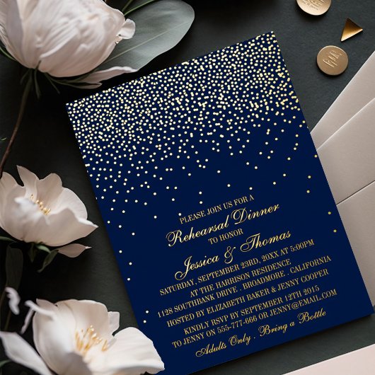 Navy Blue & Glam Gold Confetti bruiloft repetitie Folie Uitnodiging