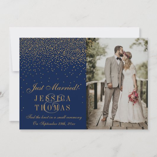 Navy Blue & Glam Gold Confetti foto bruiloft Aankondiging (Voorkant)