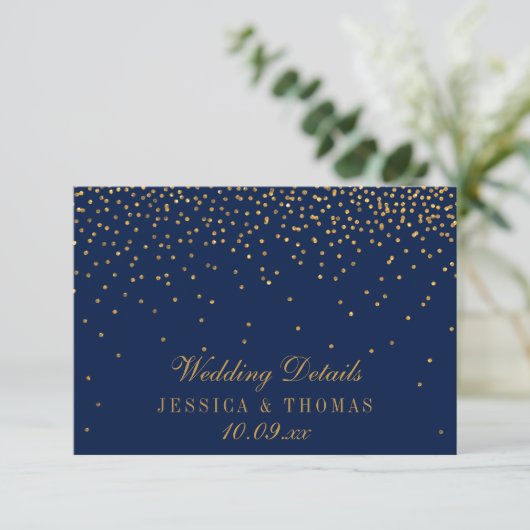 Navy Blue & Glam Gold Confetti trouwdetail Informatiekaartje (Staand voorkant)