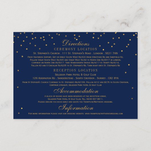 Navy Blue & Glam Gold Confetti trouwdetail Informatiekaartje (Achterkant)
