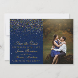 Navy Blue & Glam Gold Confetti trouwfoto Save The Date
