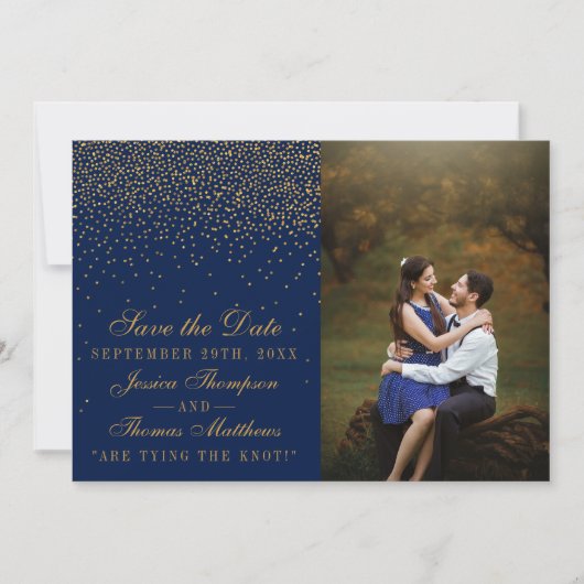 Navy Blue & Glam Gold Confetti trouwfoto Save The Date (Voorkant)