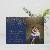 Navy Blue & Glam Gold Confetti trouwfoto Save The Date (Staand voorkant)