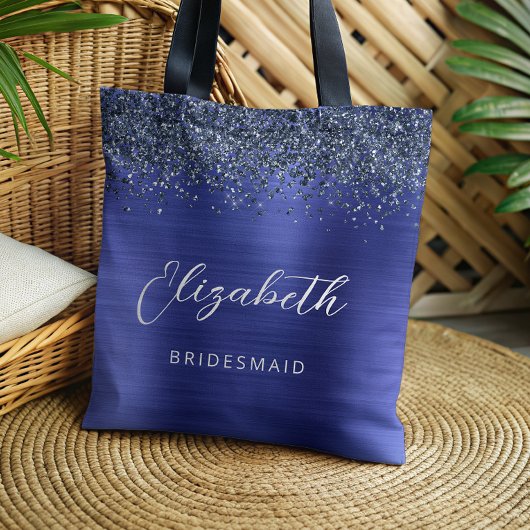 Navy Blue Glam Metallic Script Bruidsmeisje Tote Bag