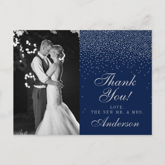 Navy Blue & Glam Silver Confetti bruiloft dank u Aankondigingskaart (Voorkant)