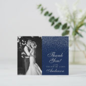 Navy Blue & Glam Silver Confetti bruiloft dank u Aankondigingskaart (Staand voorkant)