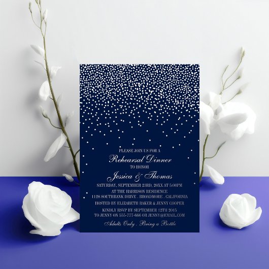 Navy Blue & Glam Silver Confetti bruiloft repetiti Folie Uitnodiging