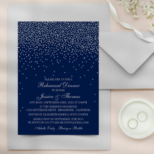 Navy Blue & Glam Silver Confetti bruiloft repetiti Kaart