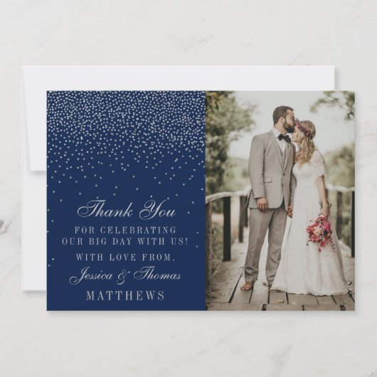 Navy Blue & Glam Silver Confetti trouwfoto Bedankkaart (Voorkant)