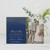 Navy Blue & Glam Silver Confetti trouwfoto Bedankkaart (Staand voorkant)